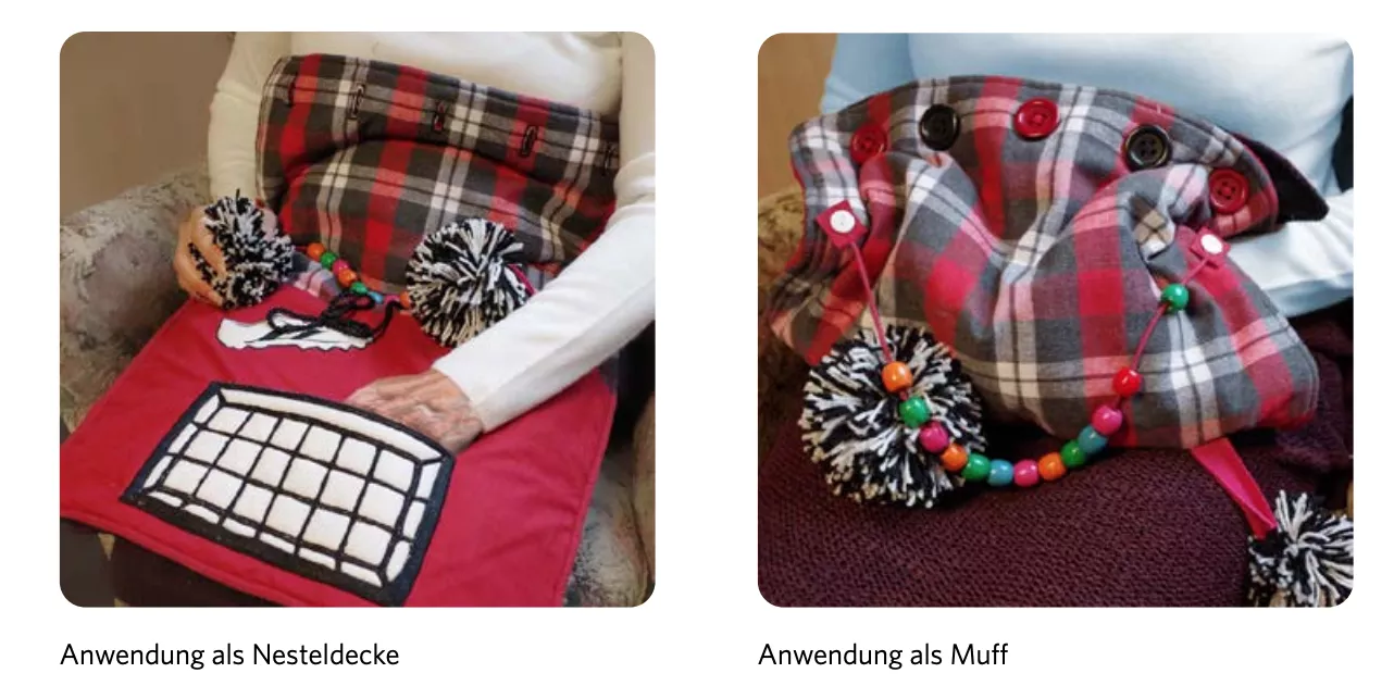 Das Bild zeigt den Demenz-Muff und Nesteldecke Das Bild zeigt den Demenz-Muff und Nesteldecke